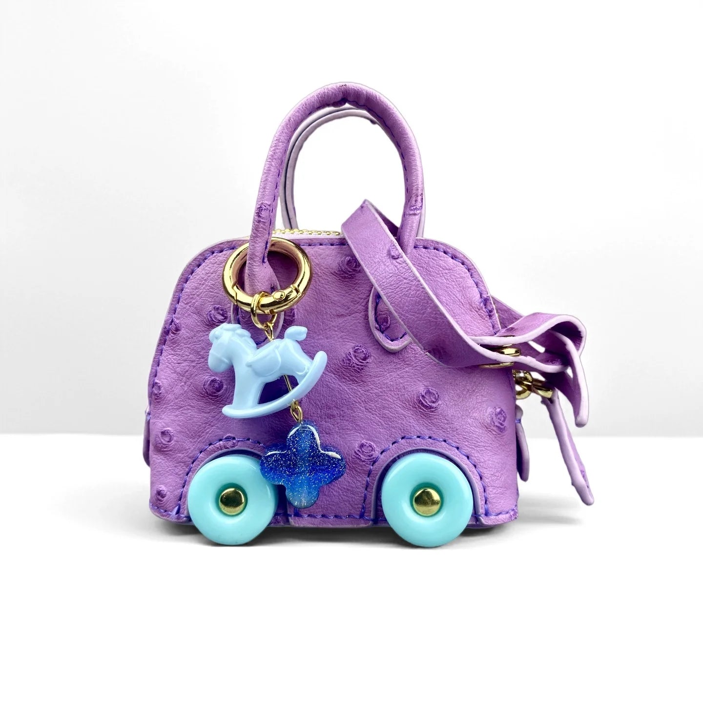 Mini Handbag Purse with Wheels&Rocking Horse-Cute Ostrich Pattern PU Leather Case for AirPods, Coin, Cable, Keychain Bag Charm