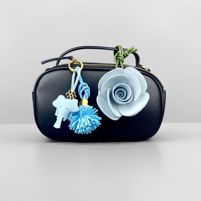 Blue Theme Floral Pu Leather Keychain/Bag Charm-Blue Flower Purse Charm Car Hanging Decor-Unique Calming Aesthetic Gift For Bag