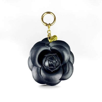 Elegant PU Leather Camellia Keychain, Timeless Neutral Tone Bag Clip Charm, 3D Floral Pendant for Handbag, Gift For Women