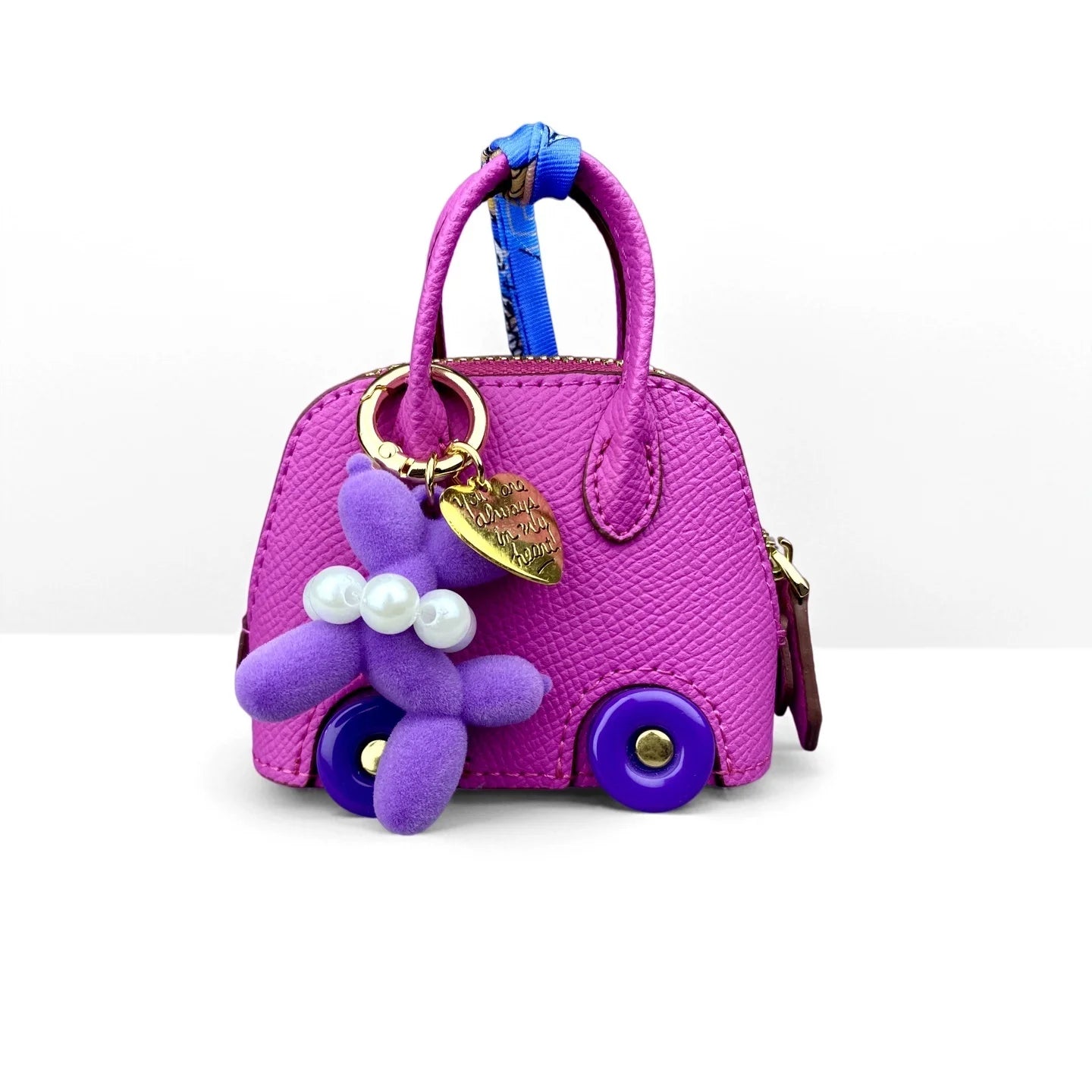 Cute PU Leather Mini Wheel Bag Charm with Flocked Balloon Dog Charm-Small Cute Coin Purse Pouch for Earbuds, Cables & Cash/Gift