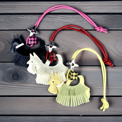 Trendy PU Leather Schnauzer Bag Charm with Tassel Fringe & Plaid Beads –Unique Car/Bag Accessory/Cute Ornament for Dog Lovers
