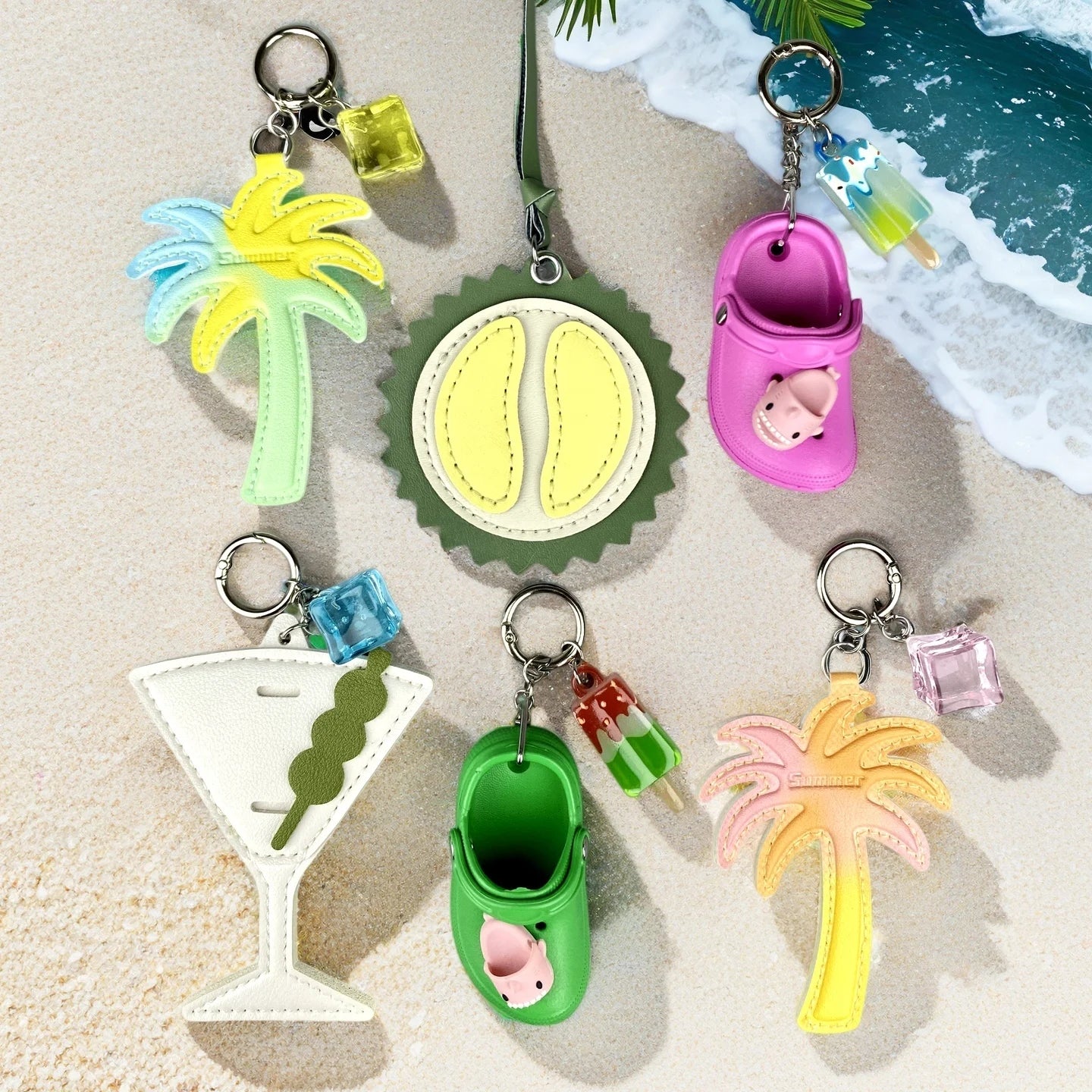 4 Pcs Summer Beach Style PU Leather/Eva Keychain/Bag Charm-Coconut Tree/Durian/Cubes/Crocs Shoes/Cocktail-Bag Accessories/Gift