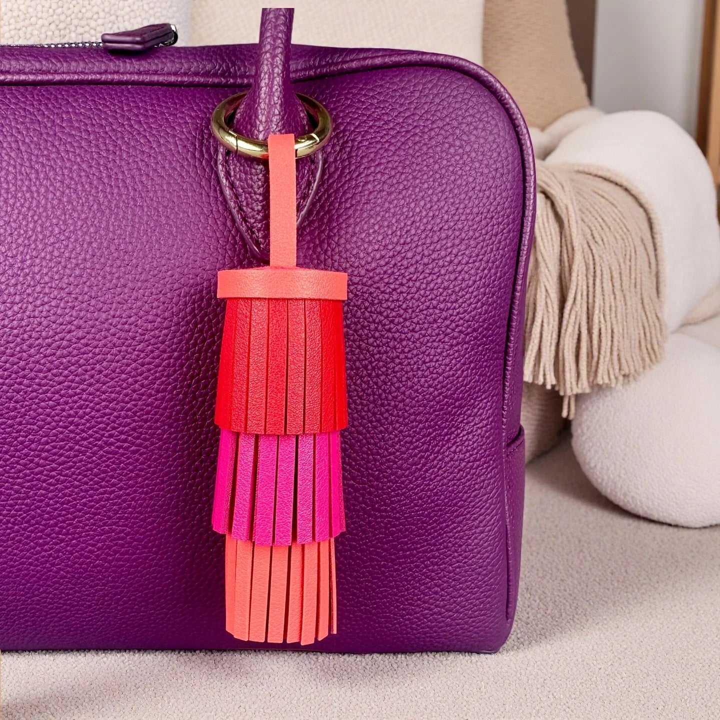 Handmade Bohemian Leather Tassel - Luxuriously Thick Fringe with Large Metal Ring for Bag Decor, Boho Style, Gift For Women