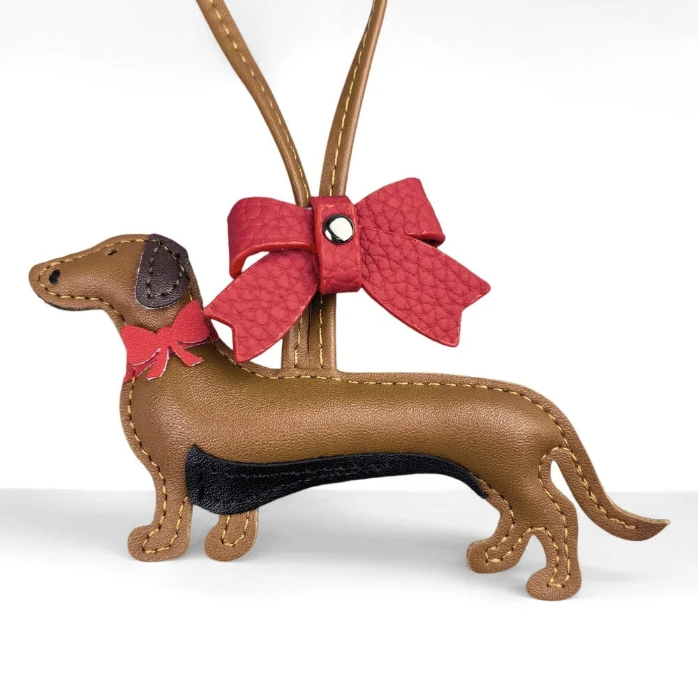 Red Bow-Adorned Dachshund Leather Bag Charm: PU Leather, Slim Shape, Red Bow, Premium Soft Fill