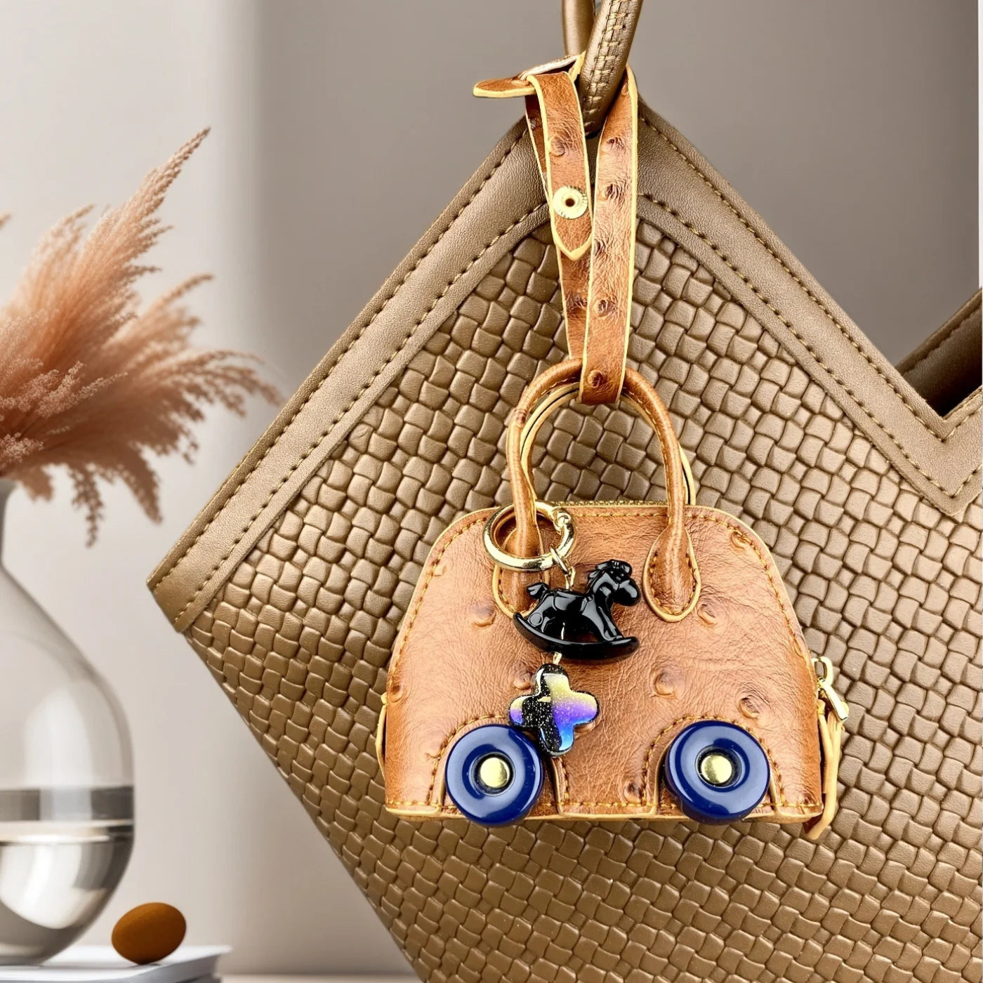 Mini Handbag Purse with Wheels&Rocking Horse-Cute Ostrich Pattern PU Leather Case for AirPods, Coin, Cable, Keychain Bag Charm
