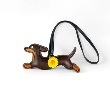 PU Leather Running Dachshund Keychain, Puppy Bag Charm With Daisy Flower-Accessories For Purse & Backpack, Gift for Dog Lovers