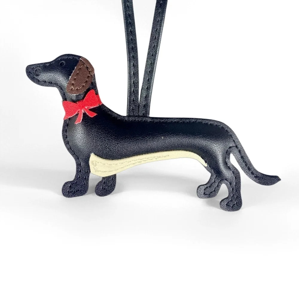 Red Bow-Adorned Dachshund Leather Bag Charm: PU Leather, Slim Shape, Red Bow, Premium Soft Fill