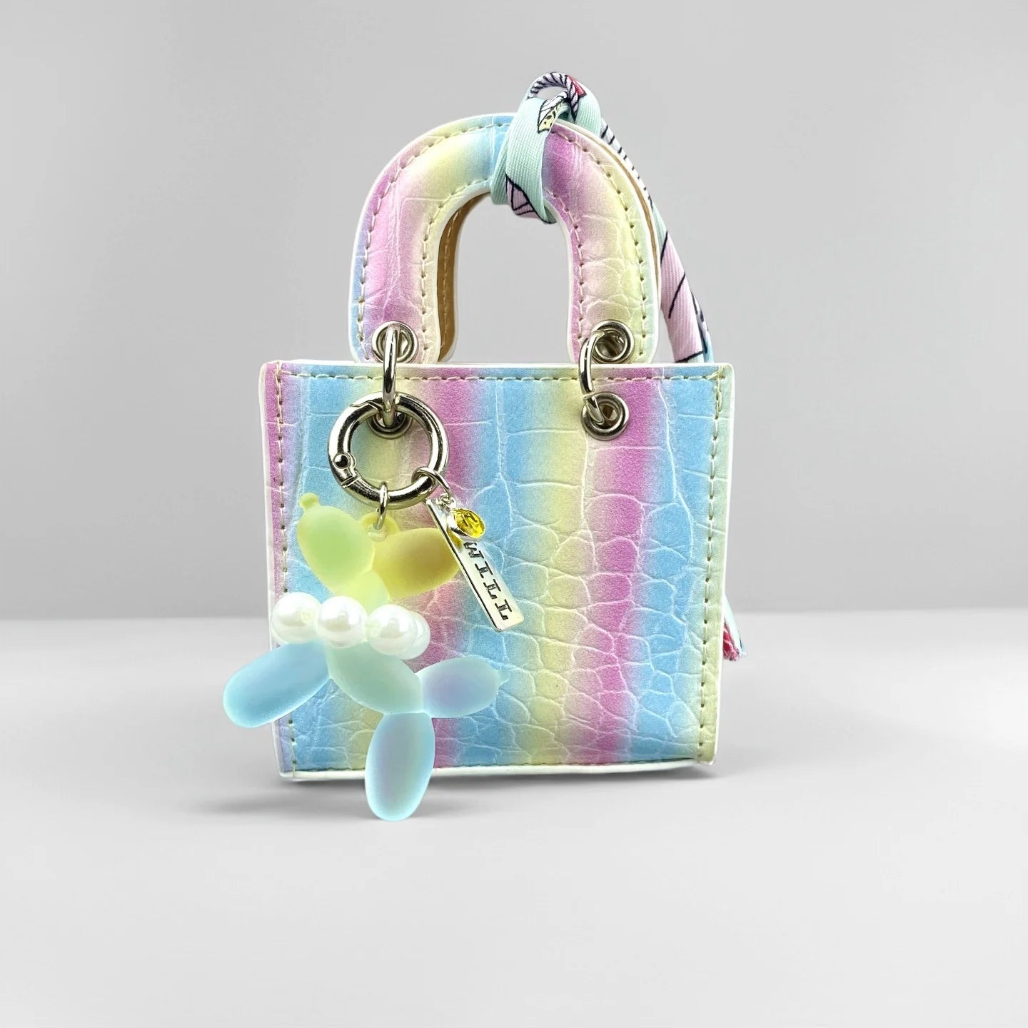 Mini PU Leather Bag Purse Charm, Rainbow Color Mini Bag With Gradient Balloon Dog Keychain Set for Earbuds/Charger Cable/Gift