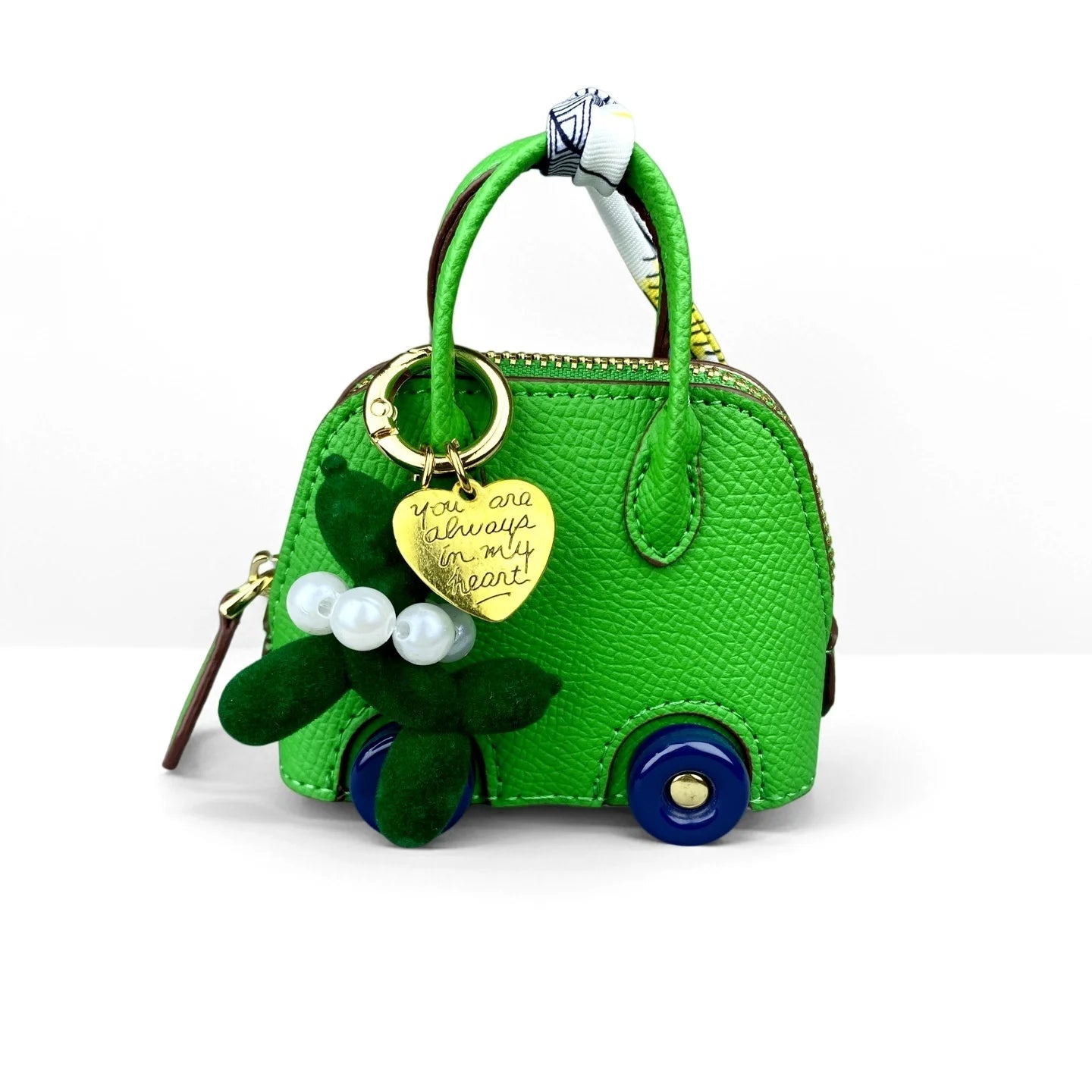 Cute PU Leather Mini Wheel Bag Charm with Flocked Balloon Dog Charm-Small Cute Coin Purse Pouch for Earbuds, Cables & Cash/Gift