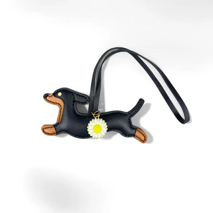 PU Leather Running Dachshund Keychain, Puppy Bag Charm With Daisy Flower-Accessories For Purse & Backpack, Gift for Dog Lovers