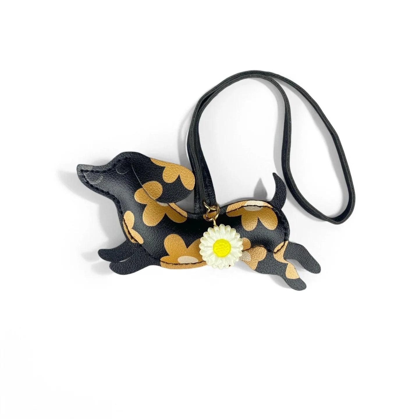 PU Leather Running Dachshund Keychain, Puppy Bag Charm With Daisy Flower-Accessories For Purse & Backpack, Gift for Dog Lovers