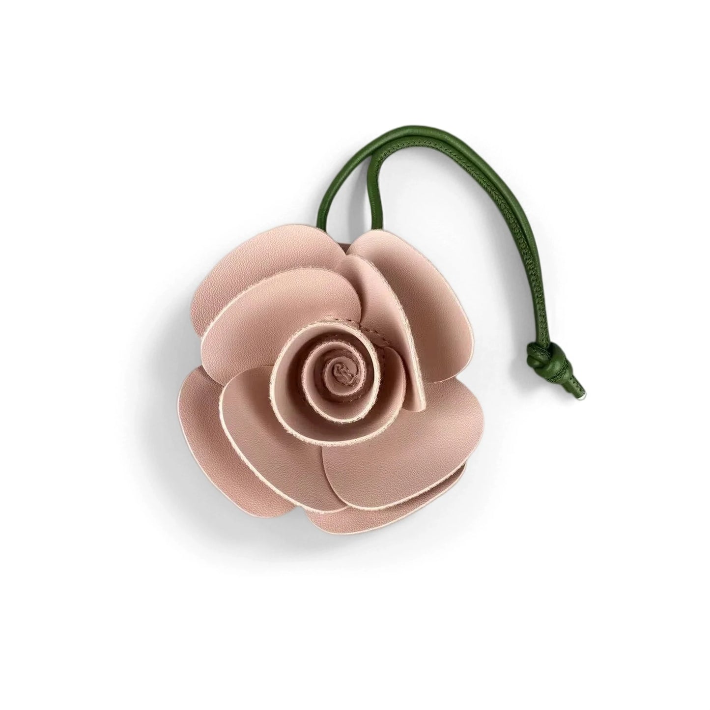 Elegant 3D PU Leather Camellia Flower Bag Charm, Handmade Floral Pendant with Olive Green Leather Strap, Stylish Purse Accessory