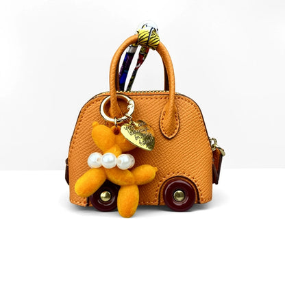 Cute PU Leather Mini Wheel Bag Charm with Flocked Balloon Dog Charm-Small Cute Coin Purse Pouch for Earbuds, Cables & Cash/Gift