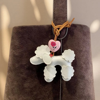 3 Colors PU Leather Poodle Dog Bag Charm/Keychain-Cute Puppy Purse Accessory with Love Heart Pendant, Lovely Gift for Dog Lovers