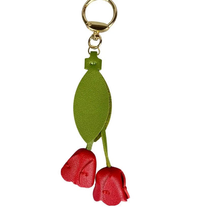 8-Color Soft PU Leather Tulip Bag Charm– Elegant Hanging Floral Accessory with Metal Ring, Realistic Bloom Design for Backpack