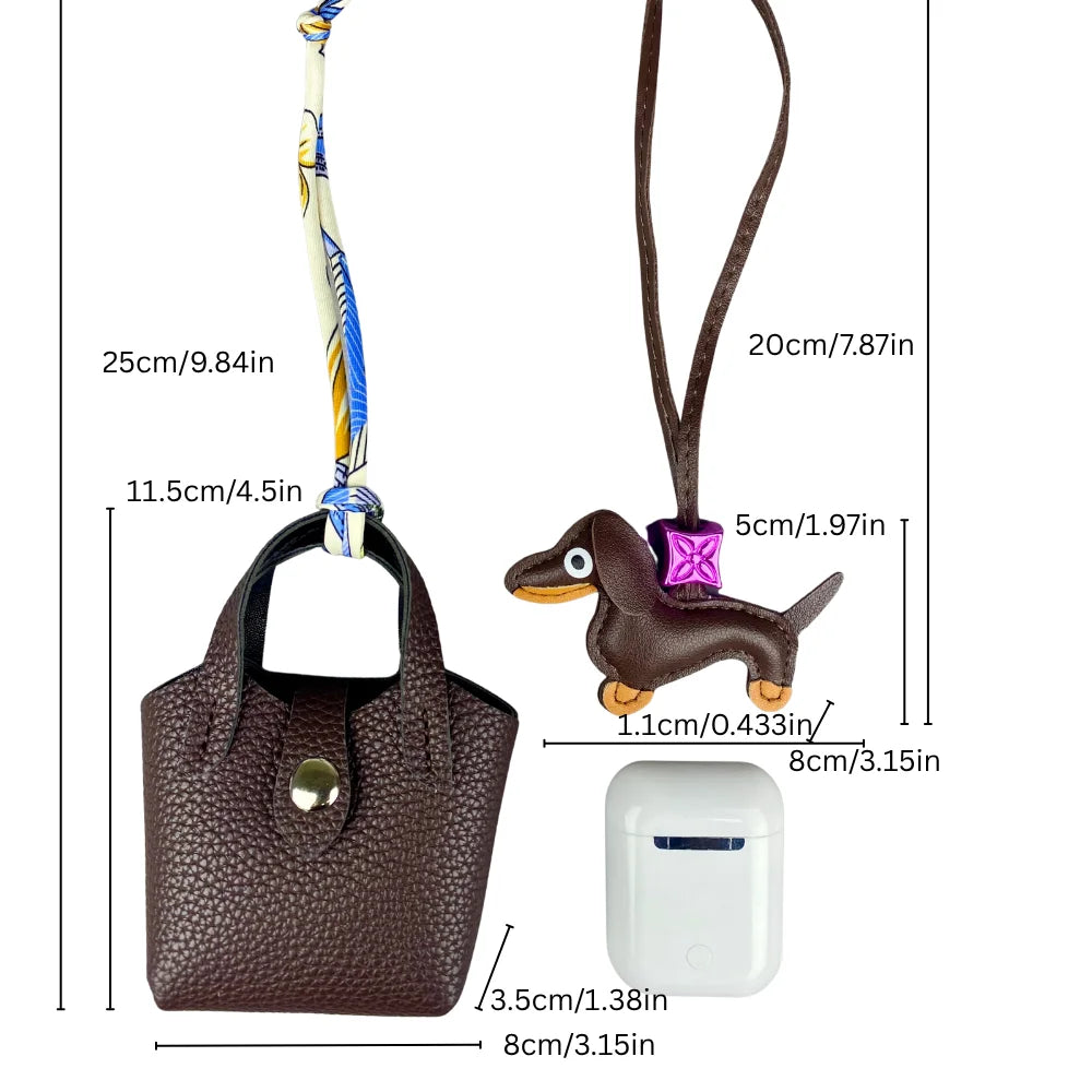 Mini PU Leather Bag For AirPods Case/Lip Balm/Coins With Tiny Dachshund As Decoration-Functional & Decor Leather Pouch-Gift
