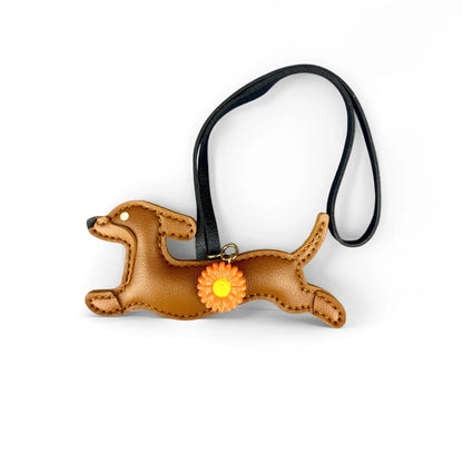 PU Leather Running Dachshund Keychain, Puppy Bag Charm With Daisy Flower-Accessories For Purse & Backpack, Gift for Dog Lovers
