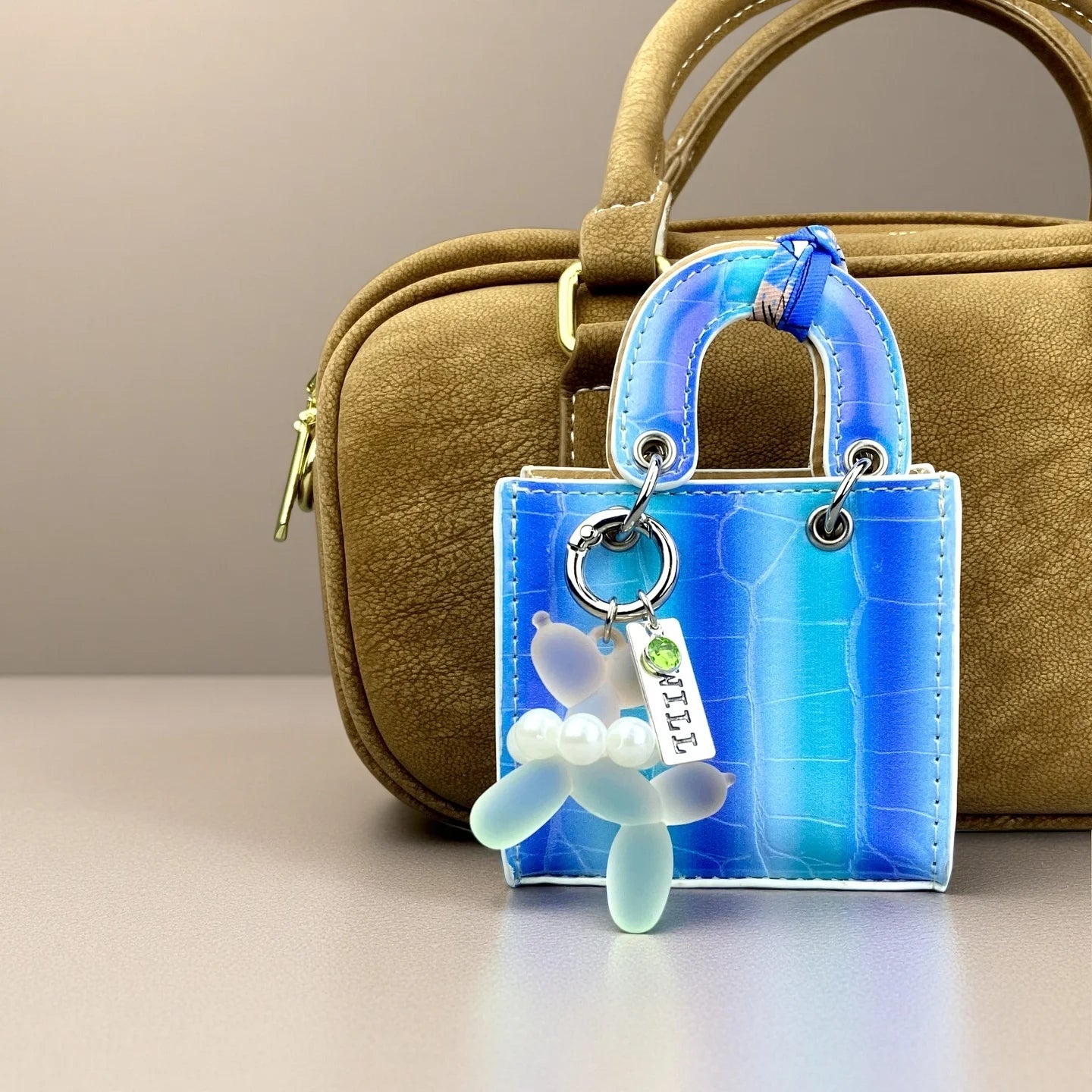 Mini PU Leather Bag Purse Charm, Rainbow Color Mini Bag With Gradient Balloon Dog Keychain Set for Earbuds/Charger Cable/Gift