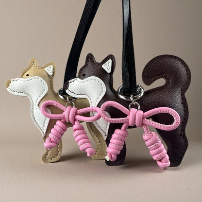 Adorable PU Leather Shiba Inu Dog Bag Charm– Puppy Pendant with Hand-Braided Leather Bow-Purse Decor Gift Friends & Family-Y2K