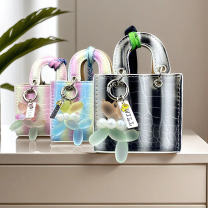 Mini PU Leather Bag Purse Charm, Rainbow Color Mini Bag With Gradient Balloon Dog Keychain Set for Earbuds/Charger Cable/Gift