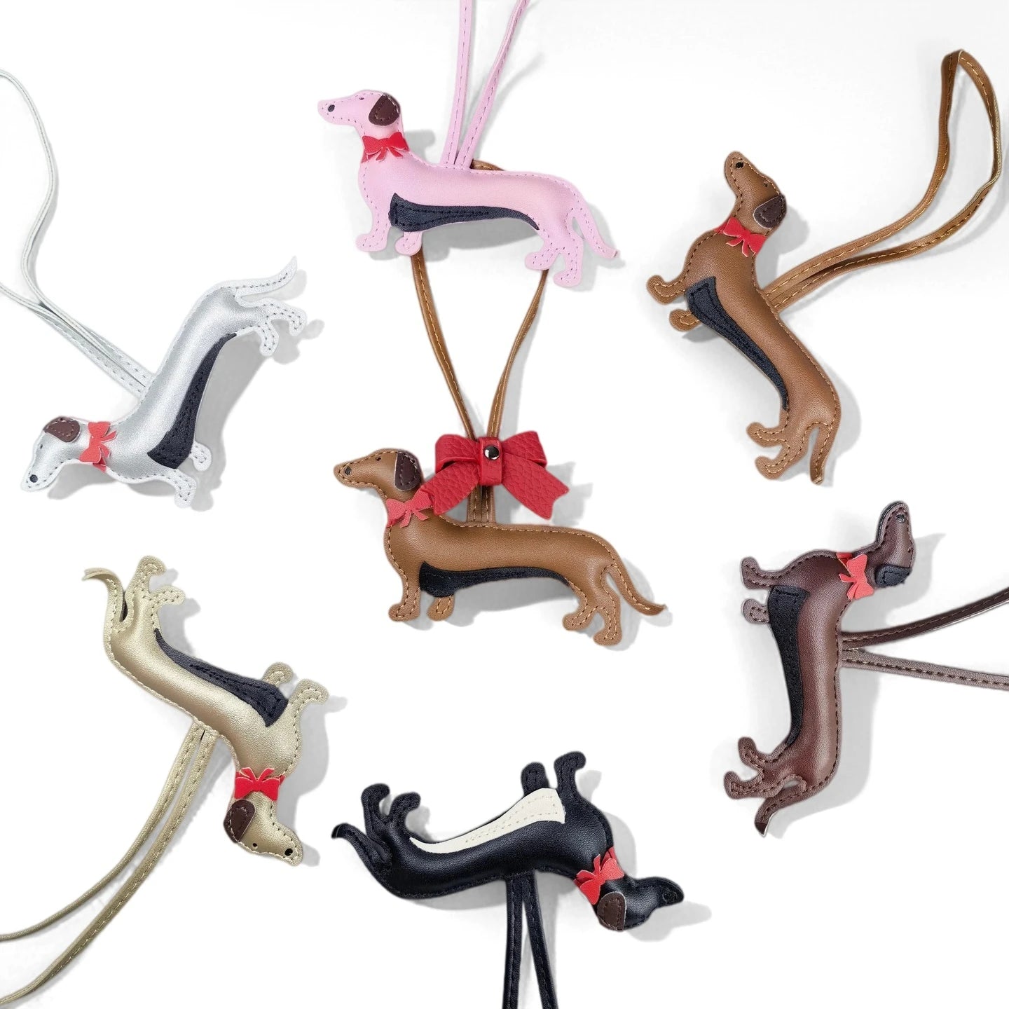 Red Bow-Adorned Dachshund Leather Bag Charm: PU Leather, Slim Shape, Red Bow, Premium Soft Fill