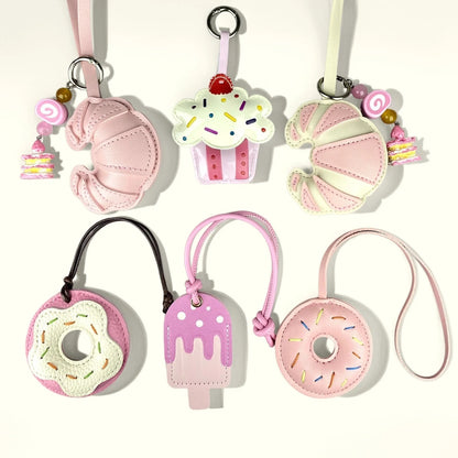 Pink Sweet Dessert Bag Charms-PU Leather Crossiant Donut Ice Cream Bag Car Keychain Home Decor, Sweet Gift for Girls-Y2K