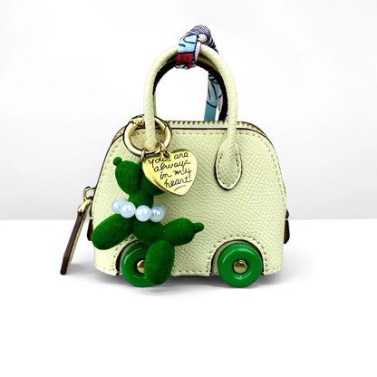 Cute PU Leather Mini Wheel Bag Charm with Flocked Balloon Dog Charm-Small Cute Coin Purse Pouch for Earbuds, Cables & Cash/Gift