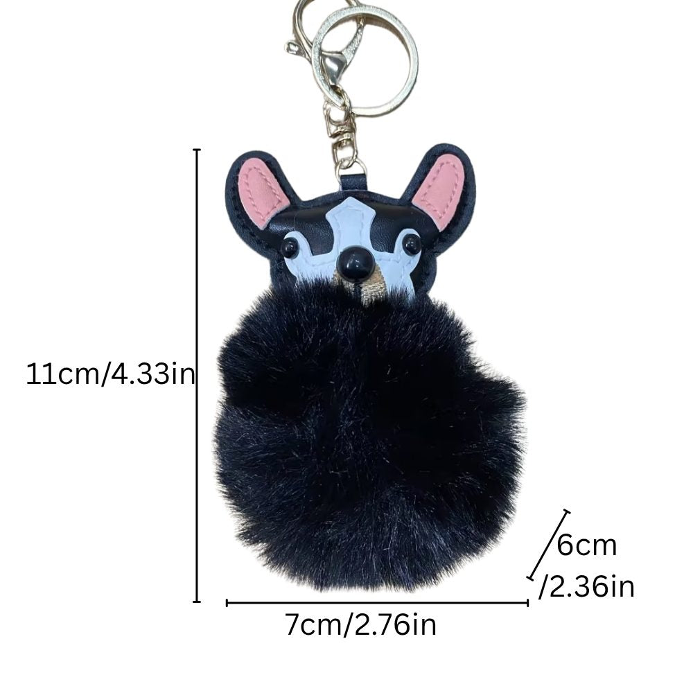 Plush Puppy Bag Charm - PU Leather Face & Fluffy Ball with Metal Hook Keychain