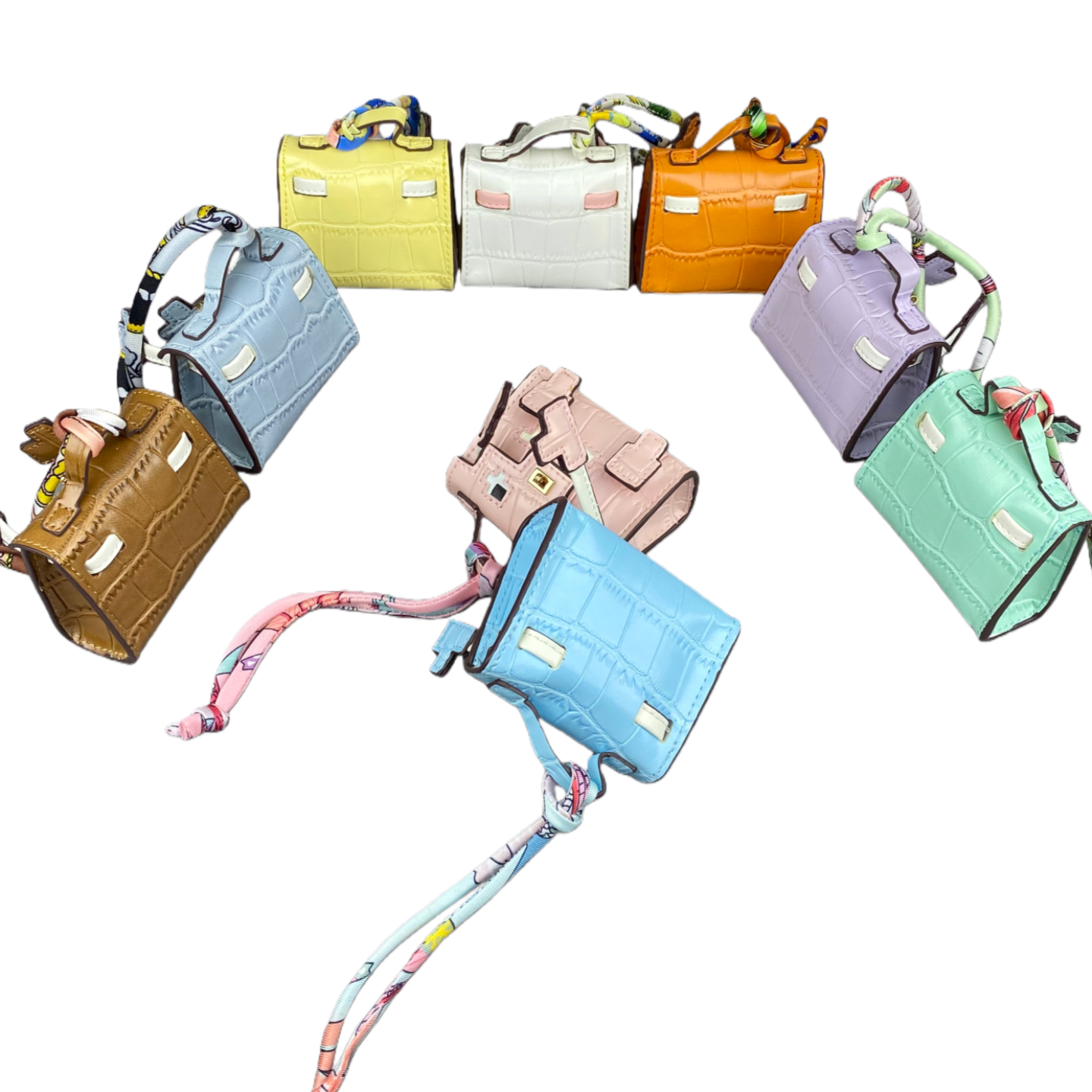 Glossy Croc Embossed Smiley Mosaic Doll Pouch | Y2K Mini Bag Charm – Cute Keychain Coin Purse & AirPods Holder for Handbag