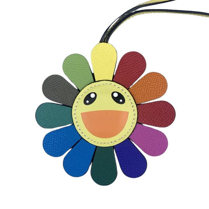 Top Grain Leather Sunflower Bag Charm - Palm-Textured Multicolor Rainbow Smiley Face
