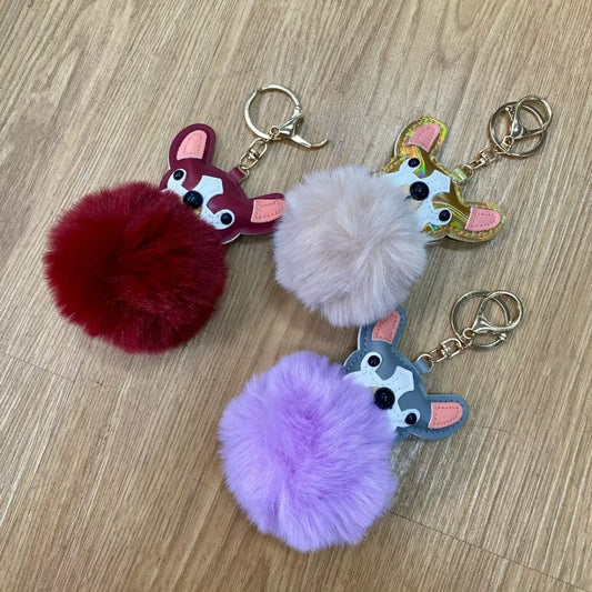 Plush Puppy Bag Charm - PU Leather Face & Fluffy Ball with Metal Hook Keychain