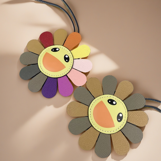 Top Grain Leather Sunflower Bag Charm - Palm-Textured Multicolor Rainbow Smiley Face