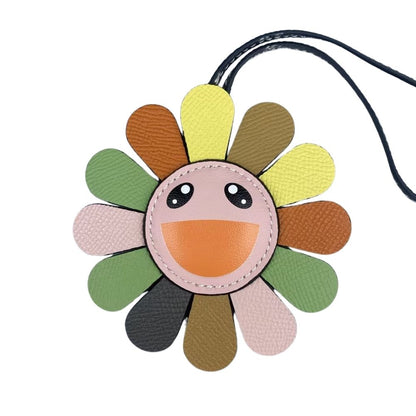Top Grain Leather Sunflower Bag Charm - Palm-Textured Multicolor Rainbow Smiley Face