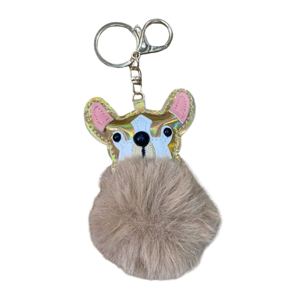 Plush Puppy Bag Charm - PU Leather Face & Fluffy Ball with Metal Hook Keychain