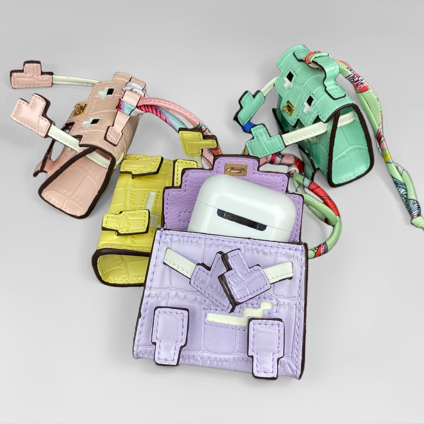 Glossy Croc Embossed Smiley Mosaic Doll Pouch | Y2K Mini Bag Charm – Cute Keychain Coin Purse & AirPods Holder for Handbag