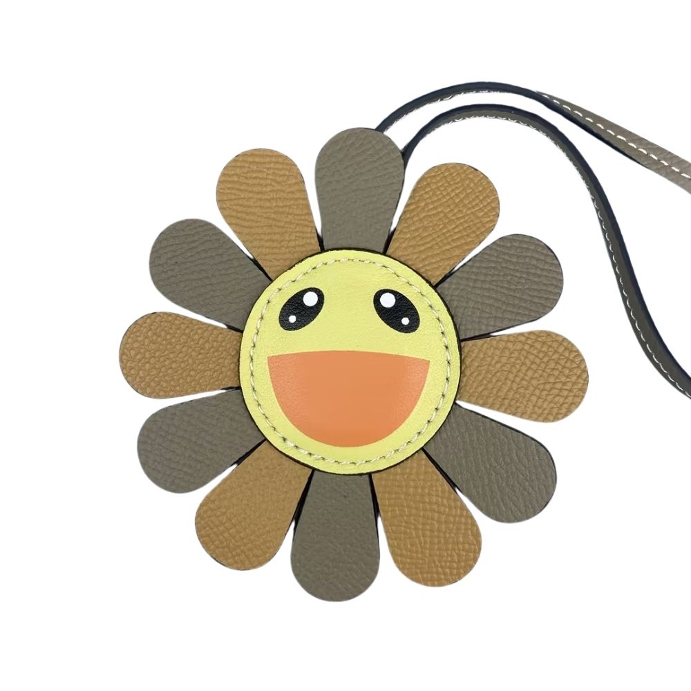 Top Grain Leather Sunflower Bag Charm - Palm-Textured Multicolor Rainbow Smiley Face
