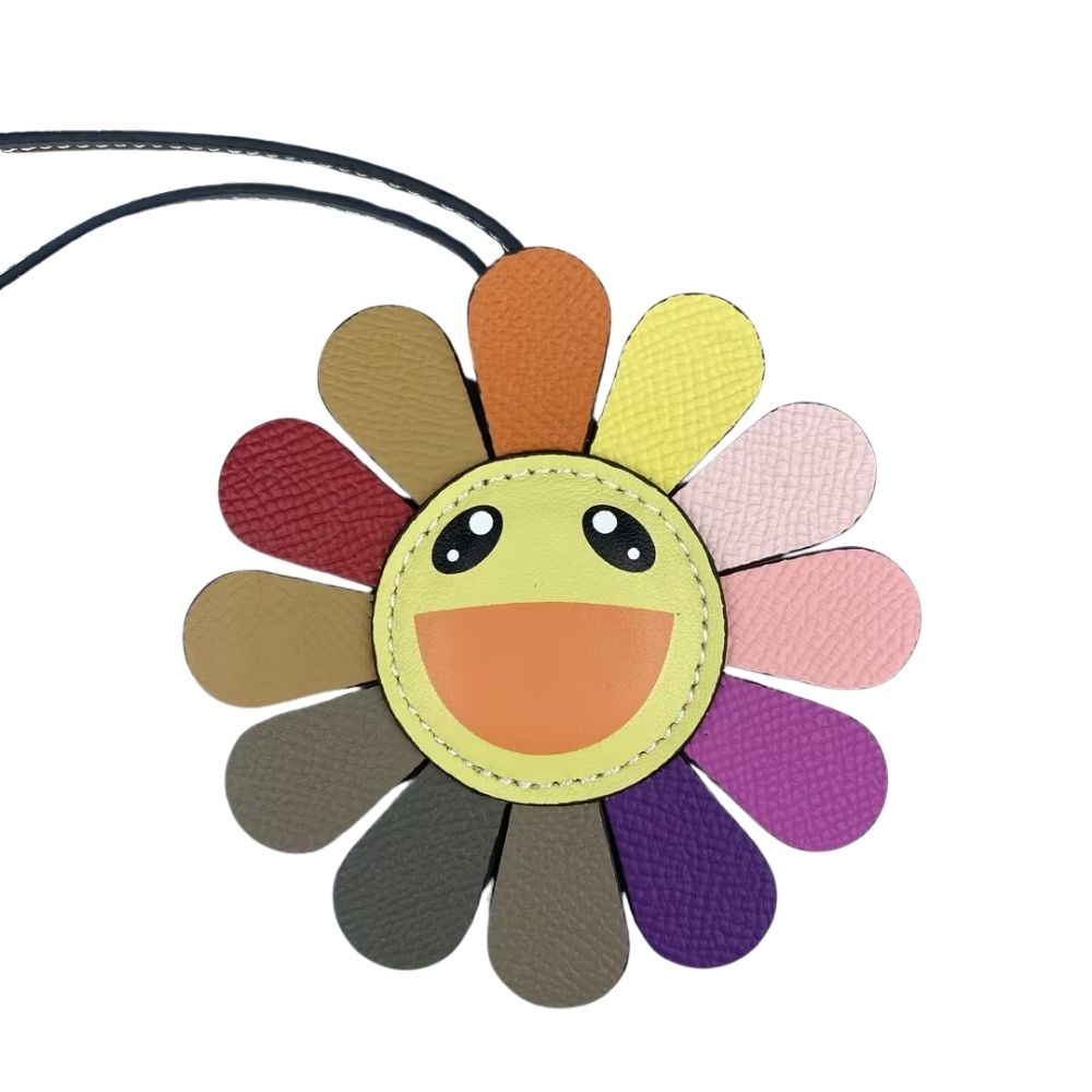 Top Grain Leather Sunflower Bag Charm - Palm-Textured Multicolor Rainbow Smiley Face
