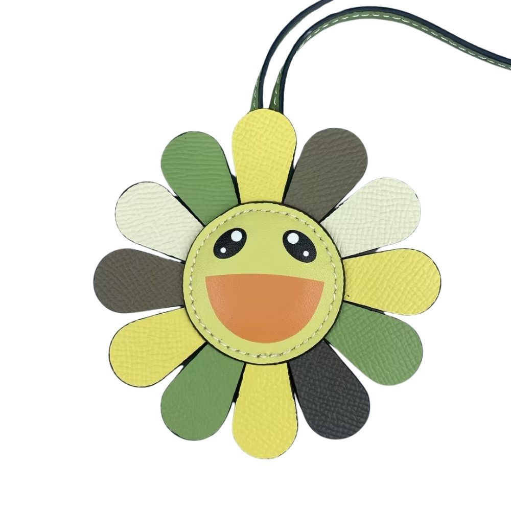 Top Grain Leather Sunflower Bag Charm - Palm-Textured Multicolor Rainbow Smiley Face