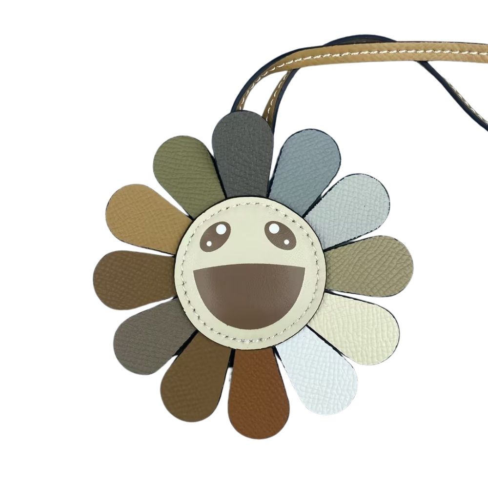 Top Grain Leather Sunflower Bag Charm - Palm-Textured Multicolor Rainbow Smiley Face