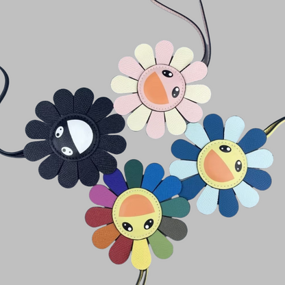 Top Grain Leather Sunflower Bag Charm - Palm-Textured Multicolor Rainbow Smiley Face