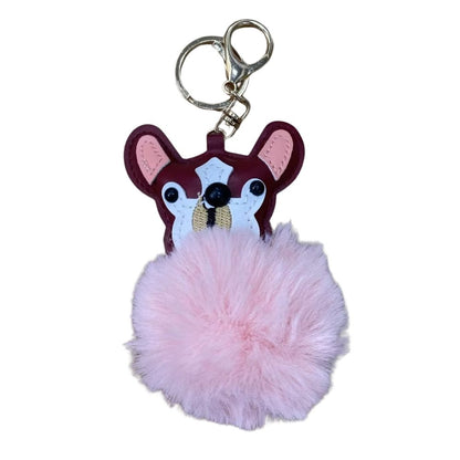 Plush Puppy Bag Charm - PU Leather Face & Fluffy Ball with Metal Hook Keychain